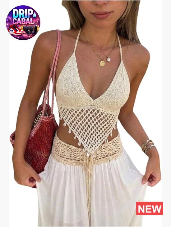 Tops - Boho Crochet Halter Top Asymmetrical V Neck Camisole Summer Vacation Beach